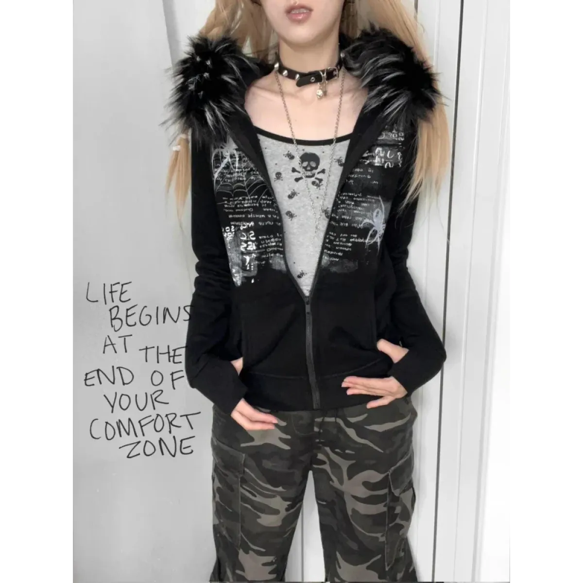 Black Gothic Grunge Fur Hooded Jacket - Image 4