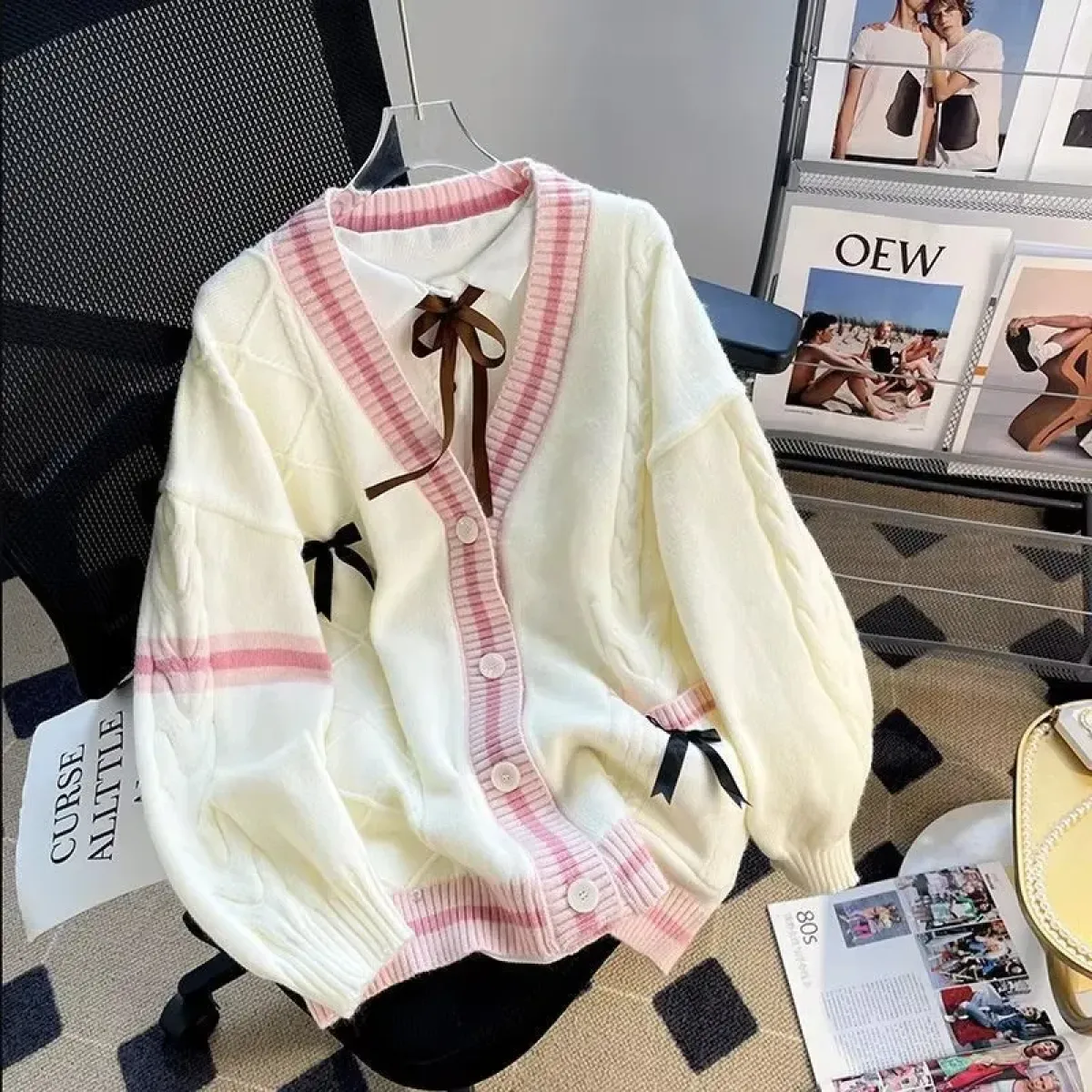 Bow Knit Cardigan – Kawaii Preppy Lolita Sweater - Image 7