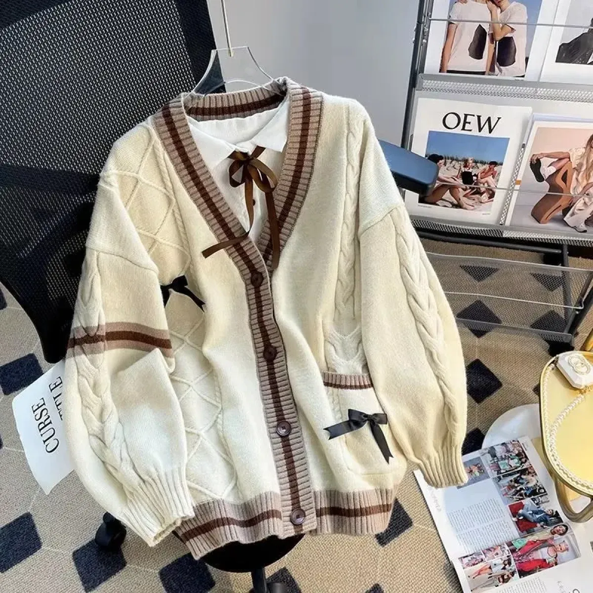 Bow Knit Cardigan – Kawaii Preppy Lolita Sweater - Image 8