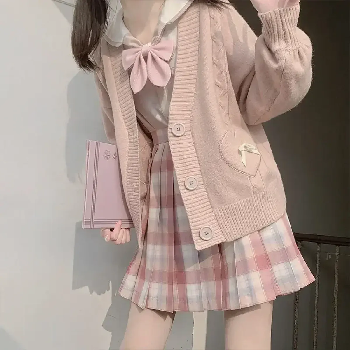 Kawaii Knitted Cardigan – Women's Heart Pocket Bow Sweater - Image 10