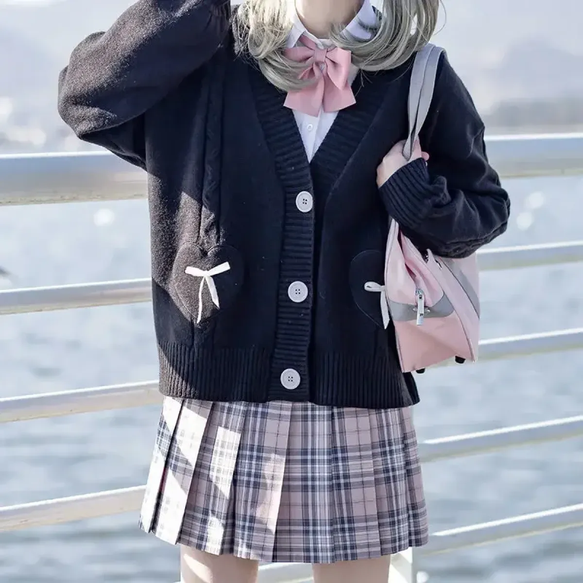 Kawaii Knitted Cardigan – Women's Heart Pocket Bow Sweater - Image 7