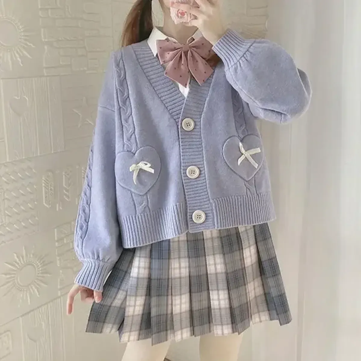 Kawaii Knitted Cardigan – Women's Heart Pocket Bow Sweater - Image 9
