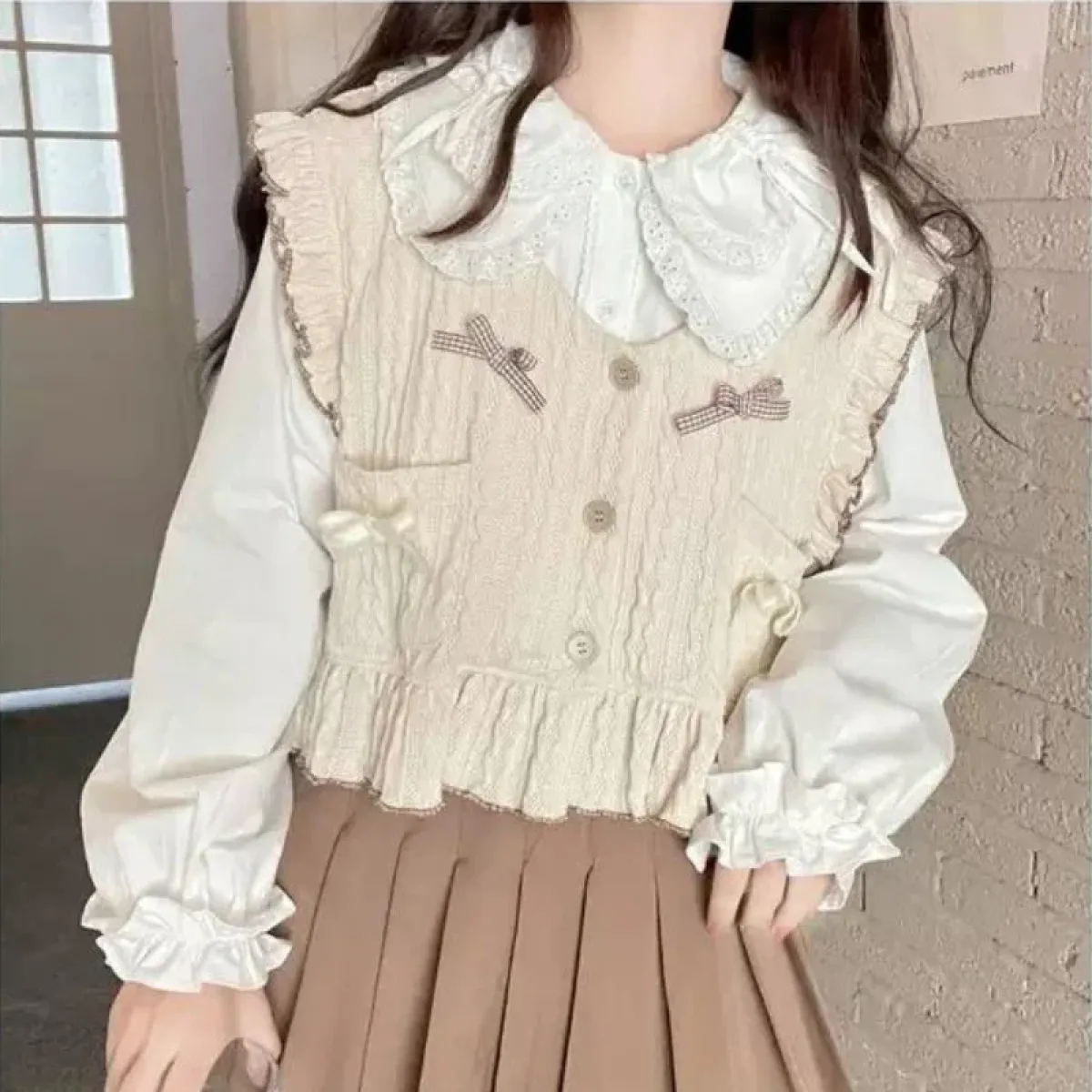 Kawaii Lolita Ruffle Knit Sweater Vest - Japanese Bow Cardigan - Image 5