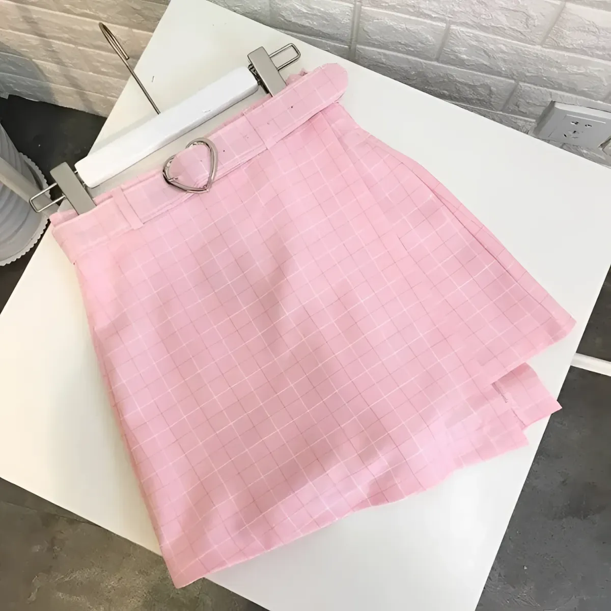Plaid A-Line Mini Skirt with Heart Buckle - Image 8